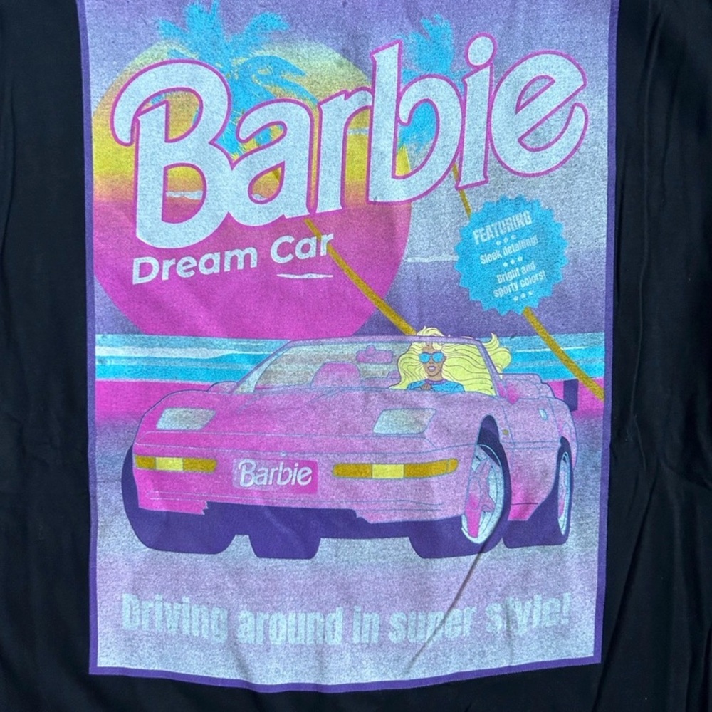 Barbie Dream Car Black Tee with Pink, Purple & Blue Graphic